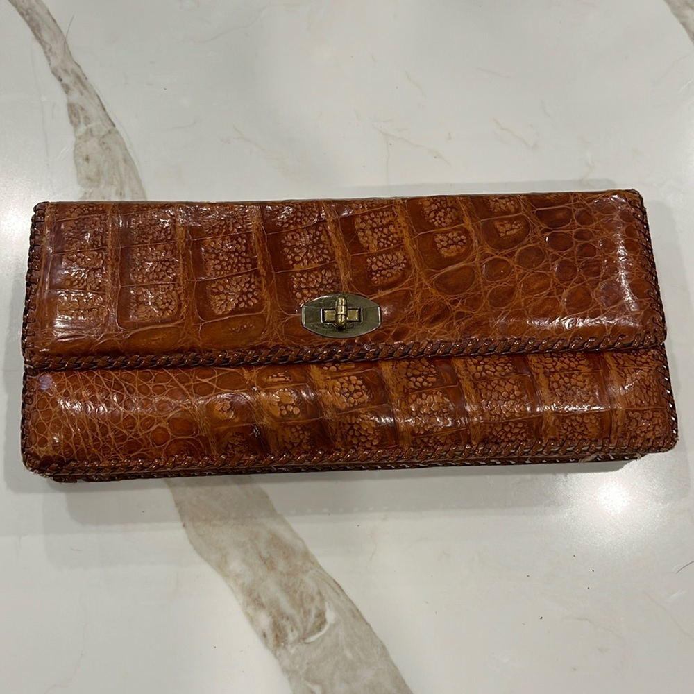 Vintage brown and tan genuine alligator clutch from Cuba.